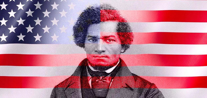 Composite photo of Frederick Douglass' portrait with an American flag overlay.
