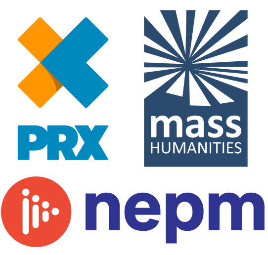 Combo image of PRX logo, Mass Humanities logo, NEPM logo.