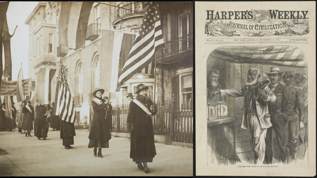 (1) Archival photo of women's suffrage movement; (2) archival illustration of Black Americans voting.