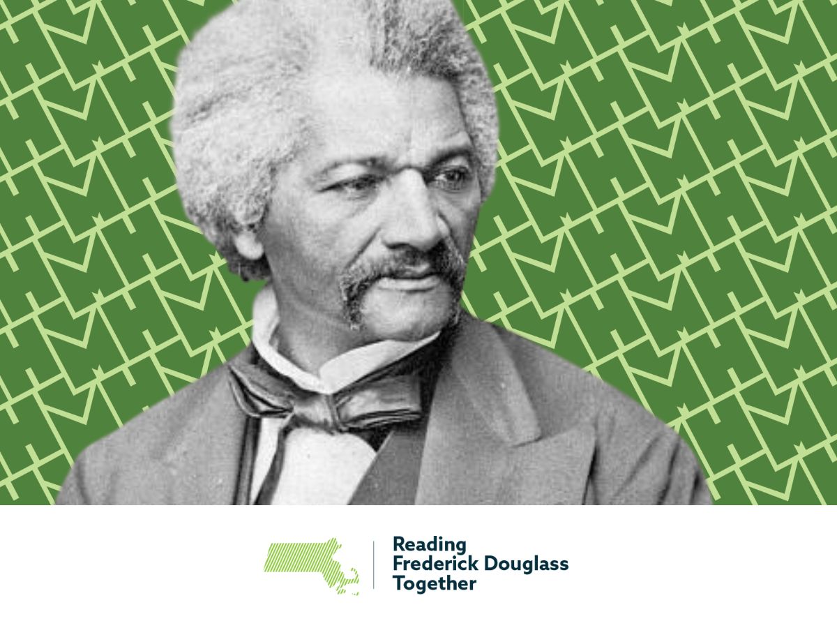 Portrait of Frederick Douglass against a patterned background.